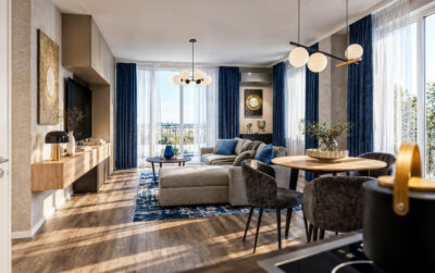 Modern blue interior balance garden livingroom design