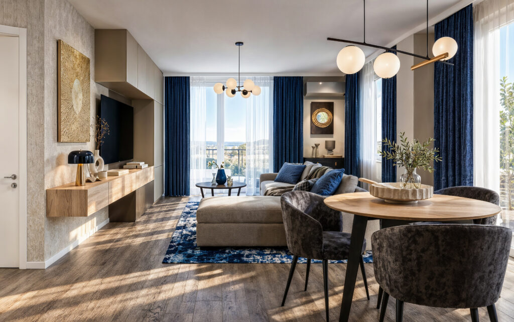 Modern blue interior balance garden livingroom design