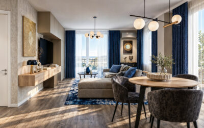 Modern blue interior balance garden livingroom design