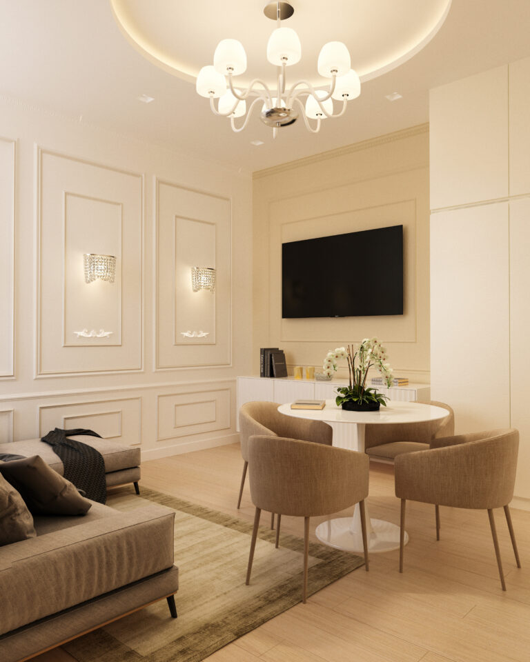 Beige Airbnb lakás belsőépítészeti látványtervek