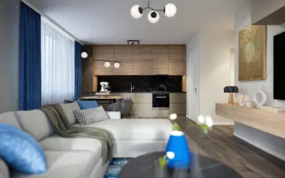 Modern blue interior balance garden livingroom design