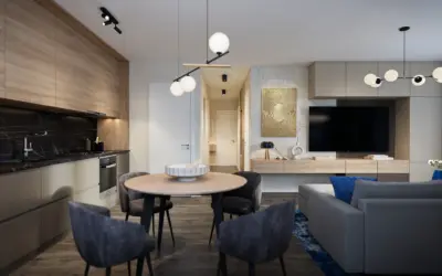 Modern blue interior balance garden livingroom design