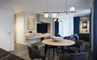 Modern blue interior balance garden livingroom design