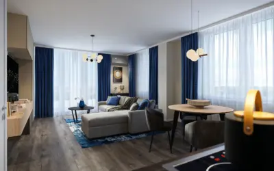 Modern blue interior balance garden livingroom design