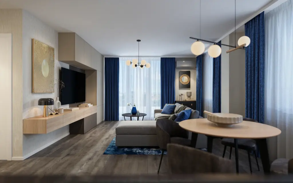 Modern blue interior balance garden livingroom design