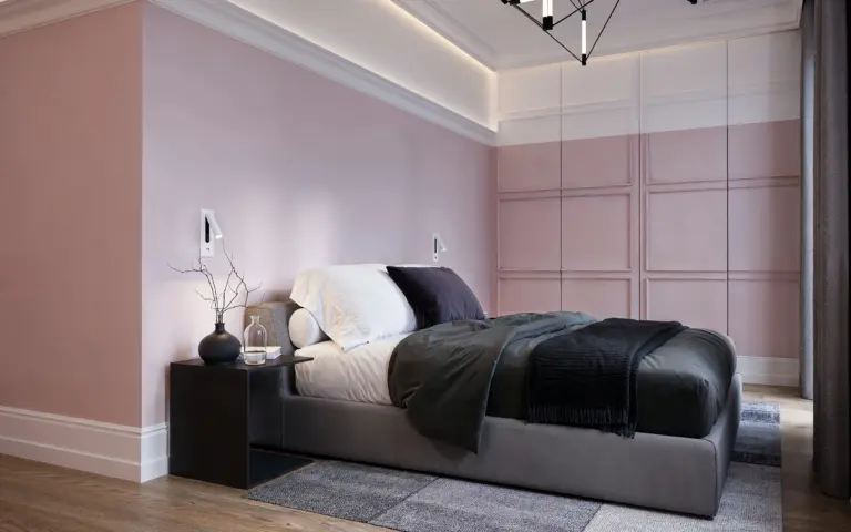 Modern púder színű hálószoba látványterv ingatlanértékesítéshez