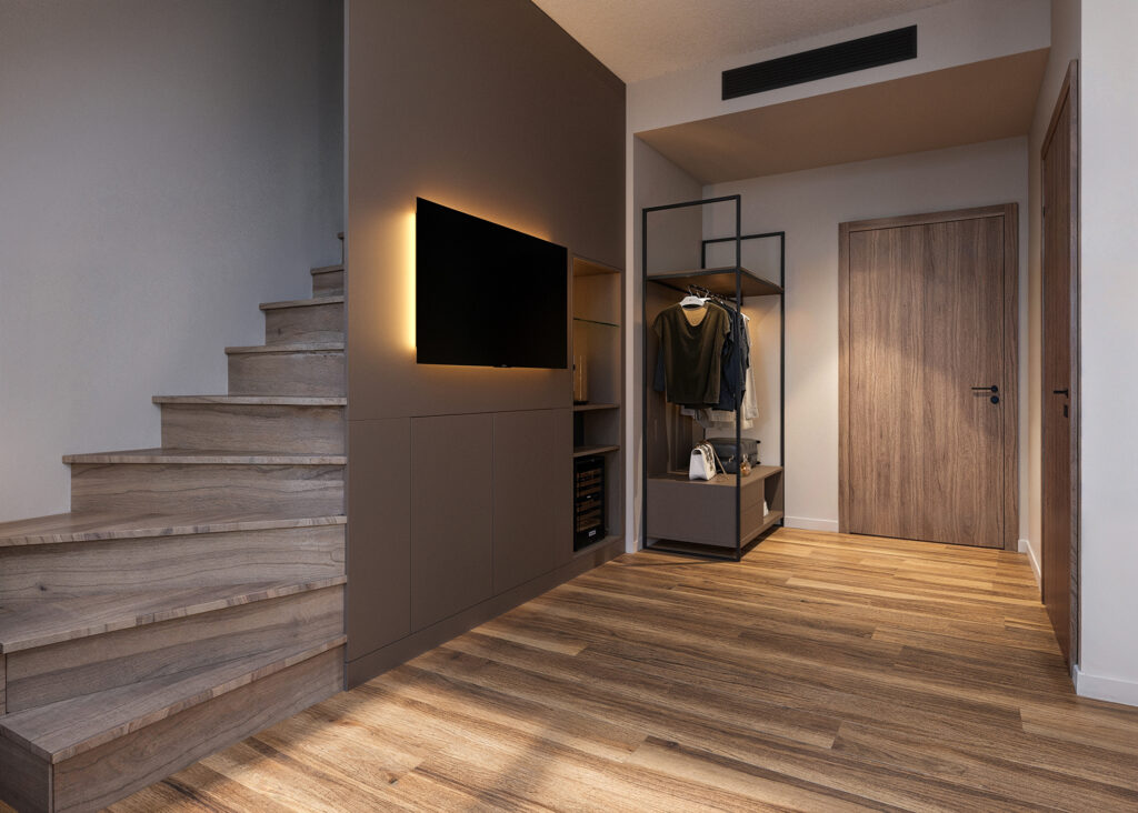 Fotórealisztikus 3D belsőépítészeti látványterv egy elegáns hotelszobáról, lamellás fa falburkolattal, kárpitozott ágyvéggel és meleg dizájnvilágítással.