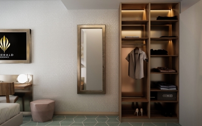 3DVisionDesign Exclusive hotelszoba belsőépitészeti 3d látványterv púder arany zöld szinben