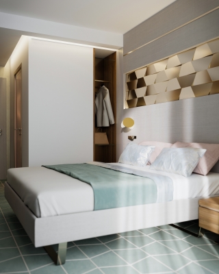 3DVisionDesign Exclusive hotelszoba belsőépitészeti 3d látványterv púder arany zöld szinben