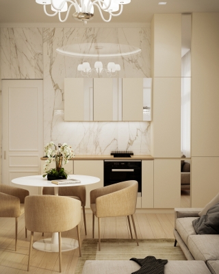 Beige Airbnb lakás belsőépítészeti látványtervek nappali konyha étkező fürdőszoba