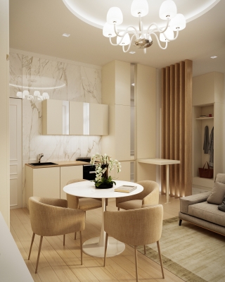 Beige Airbnb lakás belsőépítészeti látványtervek nappali konyha étkező fürdőszoba