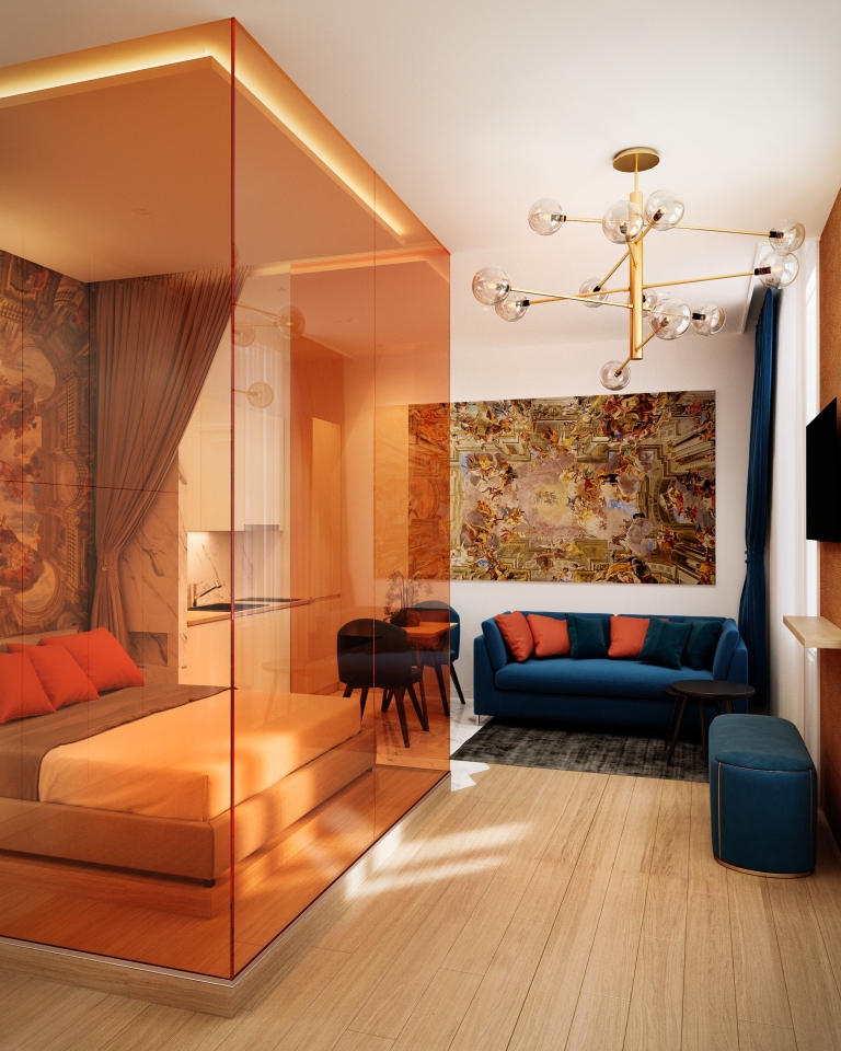 Orange Airbnb lakás belsőépítészeti látványtervek