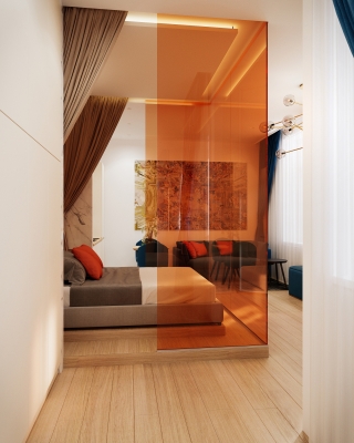 Orange Airbnb lakás belsőépítészeti látványtervek nappali konyha étkező fürdőszoba 3DVisionDesign