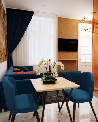 Orange Airbnb lakás belsőépítészeti látványtervek nappali konyha étkező fürdőszoba 3DVisionDesign