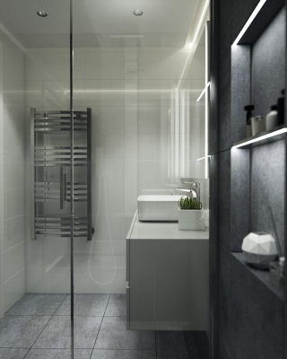 Szürke fürdőszoba design 3d látványterv ingatlan értékesítés céljából