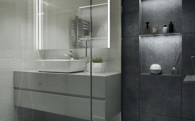 Szürke fürdőszoba design 3d látványterv ingatlan értékesítés céljából